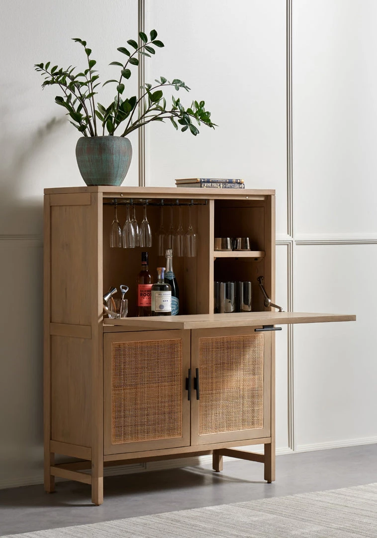 FOUR HANDS CAPRICE NATURAL MANGO WOOD + CANE BAR CABINET 1 FOUR HANDS CAPRICE NATURAL MANGO WOOD + CANE BAR CABINET