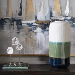 UTTERMOST Pillows + Decor NAVY + GREEN LAYERS EARTHENWARE VASE