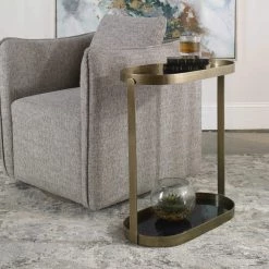UTTERMOST BRASS OVAL + BLACK GLASS SHELF TABLE