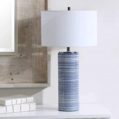 UTTERMOST WHITE + INDIGO STRIPED CERAMIC TABLE LAMP Lighting