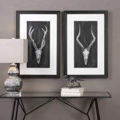 UTTERMOST "HORNED SKULL" BLACK + WHITE GLASS FRAMED PRINTS | SET OF 2 Wall Art