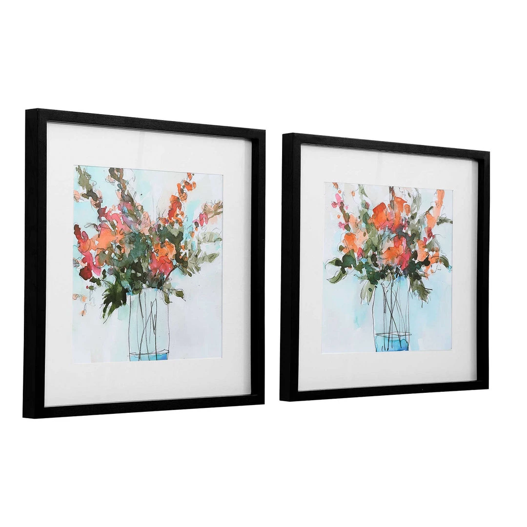 UTTERMOST Wall Art "FRESH FLOWERS" GLASS FRAMED PRINTS | SET OF 2 4 UTTERMOST Wall Art "FRESH FLOWERS" GLASS FRAMED PRINTS | SET OF 2