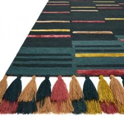 LOLOI JAMILA WOOL+VISCOSE TASSEL RUG: TEAL, MULTI