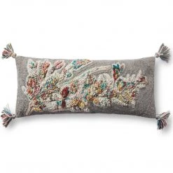 LOLOI DAPHNE HOOKED WOOL+COTTON LUMBAR PILLOW: GREY, MULTI