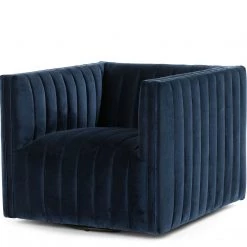 FOUR HANDS AUGUSTINE CHANNEL TUFTED NAVY VELVET SWIVEL CHAIR Living Room