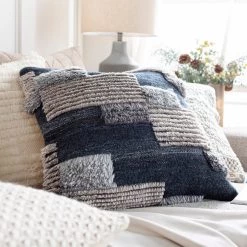 SURYA BELU FRINGE PILLOW: SANDSTONE & INK BLUE Pillows + Decor