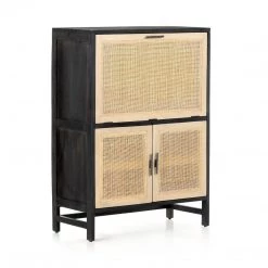 FOUR HANDS CAPRICE BLACK WASH MANGO WOOD + CANE BAR CABINET