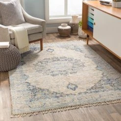 SURYA CELIA PRINTED JUTE RUG: AQUA, YELLOW