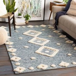 SURYA CHEROKEE BORDERED WOOL RUG: NAVY + CREAM