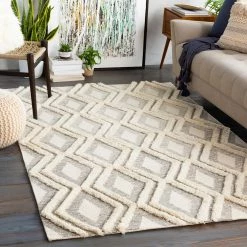 SURYA CHEROKEE DIAMOND WOOL RUG: CREAM + STONE