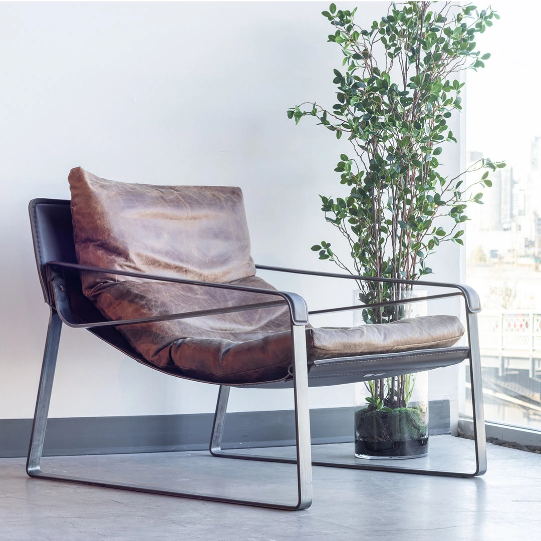 MOES CONNOR OPEN ROAD BROWN LEATHER SLING CHAIR Living Room 6 MOES CONNOR OPEN ROAD BROWN LEATHER SLING CHAIR Living Room