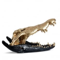 PHILLIPS COLLECTION CROCODILE SKULL SCULPTURE: BLACK, GOLD Pillows + Decor
