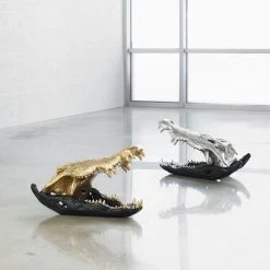 PHILLIPS COLLECTION CROCODILE SKULL SCULPTURE: BLACK, GOLD Pillows + Decor
