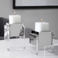 UTTERMOST Pillows + Decor CRYSTAL + POLISHED NICKEL BLOCK CANDLEHOLDERS | SET OF 2