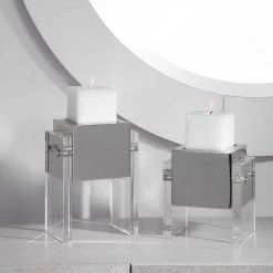 UTTERMOST Pillows + Decor CRYSTAL + POLISHED NICKEL BLOCK CANDLEHOLDERS | SET OF 2