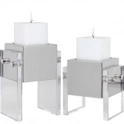 UTTERMOST Pillows + Decor CRYSTAL + POLISHED NICKEL BLOCK CANDLEHOLDERS | SET OF 2