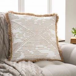 SURYA DEJA JUTE EMBROIDERED FRINGE PILLOW Pillows + Decor