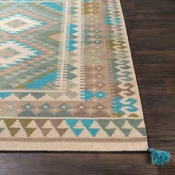 SURYA DEJA KILIM RUG: SAGE, MOSS, AQUA