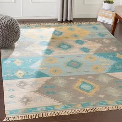 SURYA DELSIN KILIM RUG: AQUA, STONE
