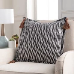 SURYA Pillows + Decor PADDOCK BLACK + SADDLE LEATHER TASSEL PILLOW
