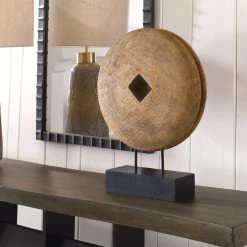 UTTERMOST GOA PRIMITIVE PULLEY WHEEL SCULPTURE