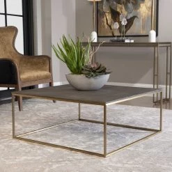 UTTERMOST Living Room GREY SHAGREEN & BRASS SQUARE COFFEE TABLE