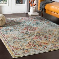 SURYA KAFELE RUG: AQUA, LIME MULTI