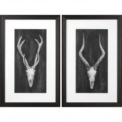 UTTERMOST "HORNED SKULL" BLACK + WHITE GLASS FRAMED PRINTS | SET OF 2 Wall Art