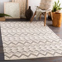 SURYA LIA TEXTURED WOOL FLAT RUG: CREAM, GRAY
