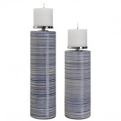 UTTERMOST INDIGO STRIPE PILLAR CANDLE HOLDERS | SET OF 2 Accessories