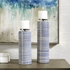 UTTERMOST INDIGO STRIPE PILLAR CANDLE HOLDERS | SET OF 2 Accessories