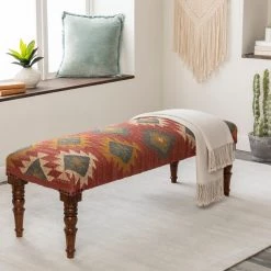 SURYA Furniture JOHAR WOOL & JUTE KILIM BENCH: BRICK RED