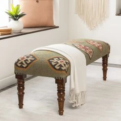 SURYA JOHAR WOOL & JUTE KILIM BENCH: OLIVE Furniture