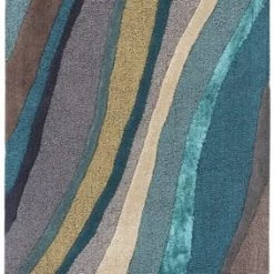 SURYA WAVES WOOL + VISCOSE RUG: TEAL, TAUPE