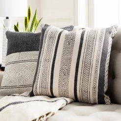 SURYA JOJO WASHED BLACK BLOCK PRINT PILLOW Pillows + Decor