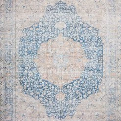 LOLOI NIKHIL VINTAGE PRINT FLAT RUG: BLUE, PEACH