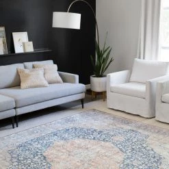 LOLOI NIKHIL VINTAGE PRINT FLAT RUG: BLUE, PEACH