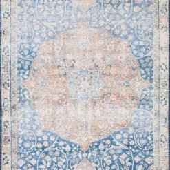 LOLOI NIKHIL VINTAGE PRINT FLAT RUG: BLUE, PEACH