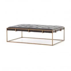 FOUR HANDS OXFORD ANTIQUE BLACK LEATHER COCKTAIL OTTOMAN Living Room