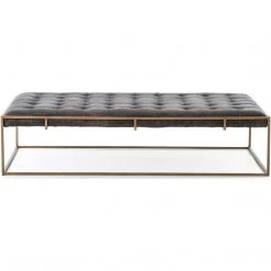 FOUR HANDS OXFORD ANTIQUE BLACK LEATHER COCKTAIL OTTOMAN Living Room