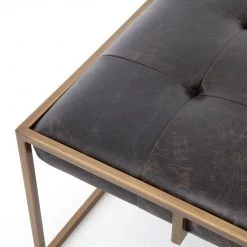 FOUR HANDS OXFORD SQUARE ANTIQUE BLACK LEATHER COCKTAIL OTTOMAN