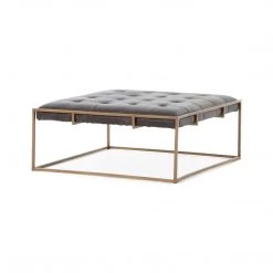 FOUR HANDS OXFORD SQUARE ANTIQUE BLACK LEATHER COCKTAIL OTTOMAN