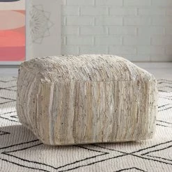 SURYA RAG LEATHER FLOOR OTTOMAN: KHAKI