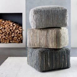 SURYA RAG LEATHER FLOOR OTTOMAN: KHAKI