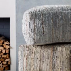 SURYA RAG LEATHER FLOOR OTTOMAN: SILVER Living Room