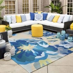 SURYA IN BLOOM OUTDOOR RUG: BLUE, KHAKI