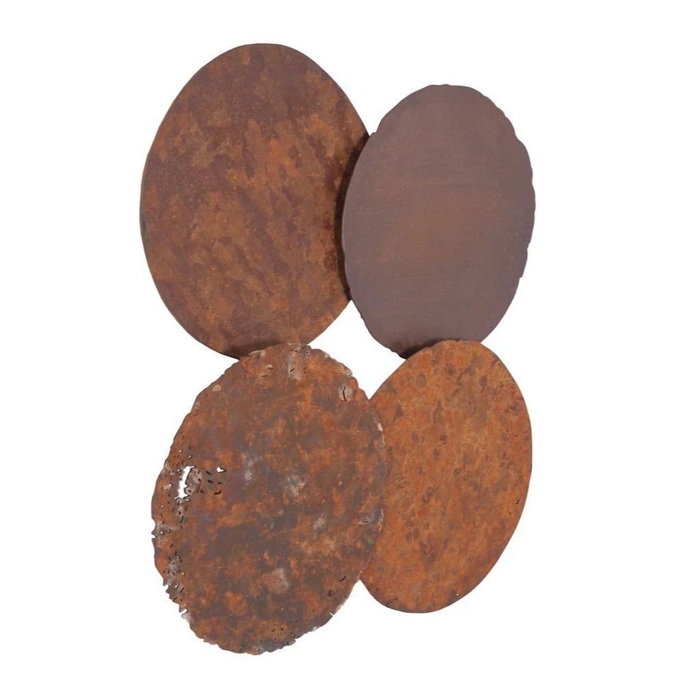 PHILLIPS COLLECTION RUST CAST OIL DRUM WALL DISCS | SET OF 4 3 PHILLIPS COLLECTION RUST CAST OIL DRUM WALL DISCS | SET OF 4