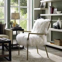 TOV Chairs SHERPA SHAG CHAIR: WHITE ON BRASS BASE