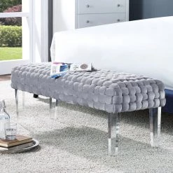 TOV SQUARE TUFT GRAY VELVET + ACRYLIC BENCH
