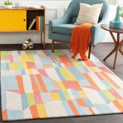 SURYA POP LAYERS WOOL RUG: CORAL, SKY